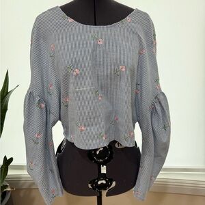 Striped Floral Blouse with Pink embroidered flowers